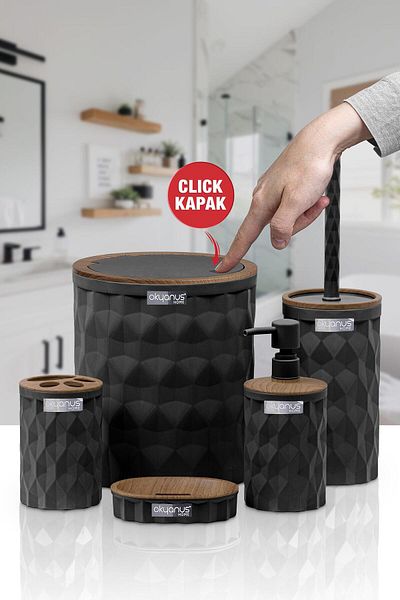 Okyanus Home Diamond Black Wood Click Cover Σετ μπάνιου 5 τεμαχίων