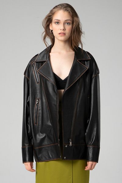 Dericlub Wm019 Oversize Biker Hakiki Deri Kadın Mont Siyah/taba