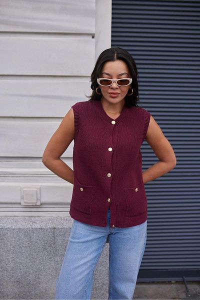 Askı Nişantaşı Burgundy Gold Button Detailed Front Two Pocket Vest