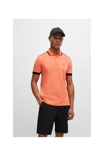 BOSS Zıt renk çizgili ve logolu pamuk-pike polo yaka tişört