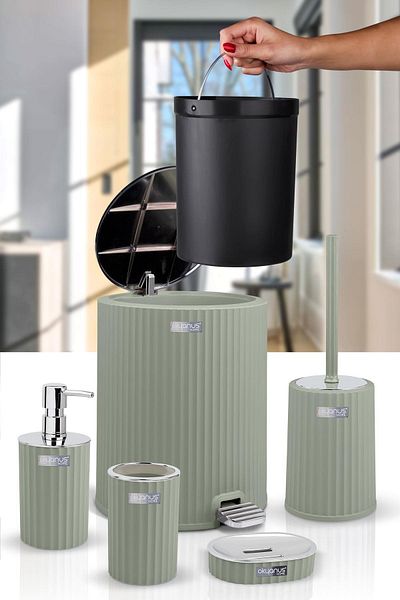 Okyanus Home Σετ μπάνιου Coliseum Green Chrome 5 τεμαχίων με εσωτερικό κάδο και πεντάλ