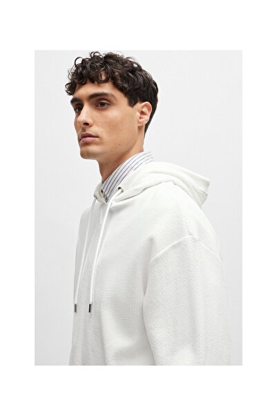 BOSS Ribanalı manşetli, pamuklu bukle kumaştan normal kesim kapüşonlu