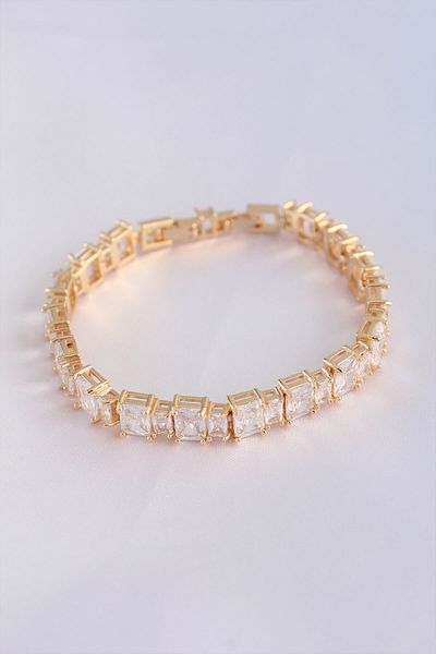 Mu Art Ahşap Vip Series Brass Zircon Stone Gold Color Baguette Waterway Model Bracelet