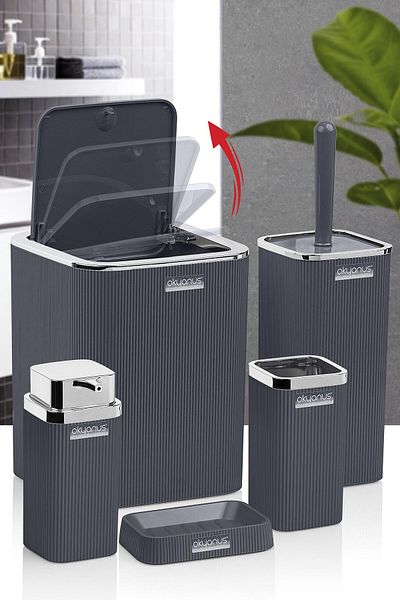 Okyanus Home Σετ μπάνιου Stella Anthracite Chrome ριγέ τετράγωνο 5 τεμαχίων