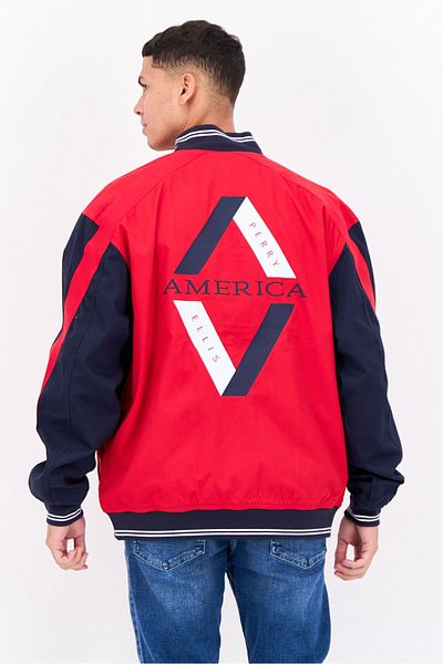 Perry Ellis Men Embroidered Bomber Jacket, Red