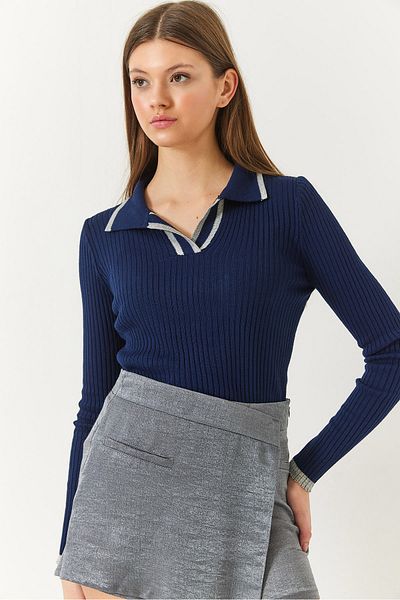 Bianco Lucci Damen-Polokragen, gerippt, gestreift, detaillierte saisonale Langarm-Strickbluse 60261446