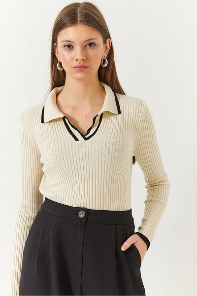 Bianco Lucci Damen-Polokragen, gerippt, gestreift, detaillierte saisonale Langarm-Strickbluse 60261446