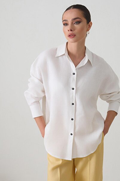 Setre Ecru 100% Linen Long Sleeve Wide Fit Shirt