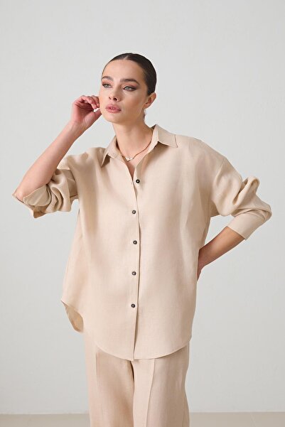 Setre Bej %100 Keten Uzun Kollu Geniş Kalıp Gömlek