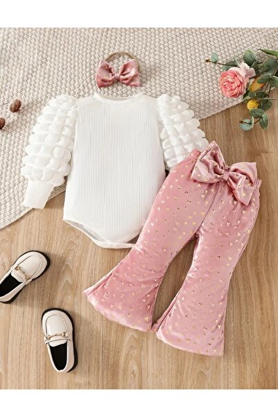 Modakido *Üçlü Kombin*Saç Tokası,Beyaz Balon Çıtçıtlı Kazak, Pembe Yaldızlı A...