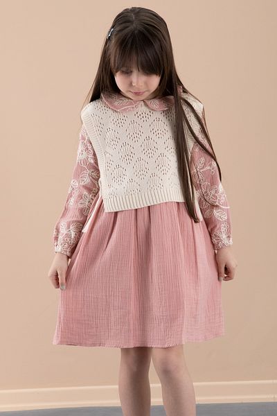 Cansın Mini Rochie de muselină pentru fetiță cu pulover brodat cu flori roz 20481