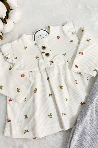 VERONA TARZ Baby Girl Set of 2 Bow Detailed Buttoned 2 Piece Newborn Twill Fabric