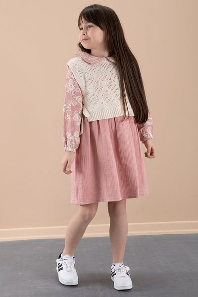 Cansın Mini Rochie de muselină pentru fetiță cu pulover brodat cu flori roz 20481