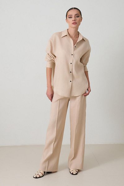 Setre Beige 100% Linen Long Sleeve Oversized Shirt
