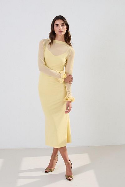Setre Buttery Yellow Midi Dress with Sheer and Sleeves Detail