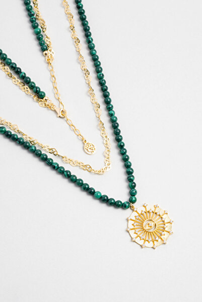 So CHIC... Malahit Güneşi 18 Ayar Sarı Altın Kaplama 47 Cm Gümüş Kolye