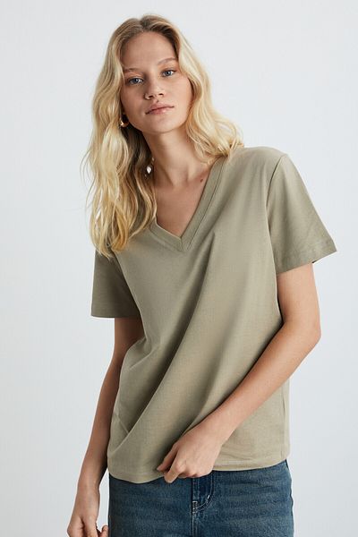 GRIMELANGE Alıne Women's 100% Organic Cotton Deep V-Neck Comfort Fit Beige T-Shirt