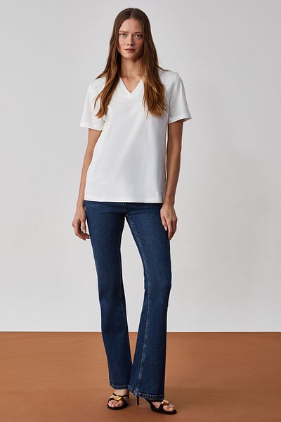 GRIMELANGE Aline Women's 100% Organic Cotton Deep V-Neck Comfort Fit White T-Shirt