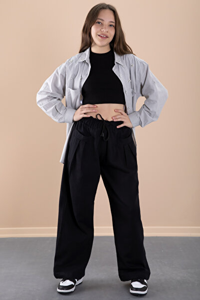 Cansın Mini Gray Girl's Cropped Stone Shirt and Pants 3 Piece Set 20469