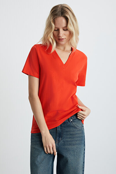 GRIMELANGE Alıne Women's 100% Organic Cotton Deep V-Neck Comfort Fit Red T-Shirt