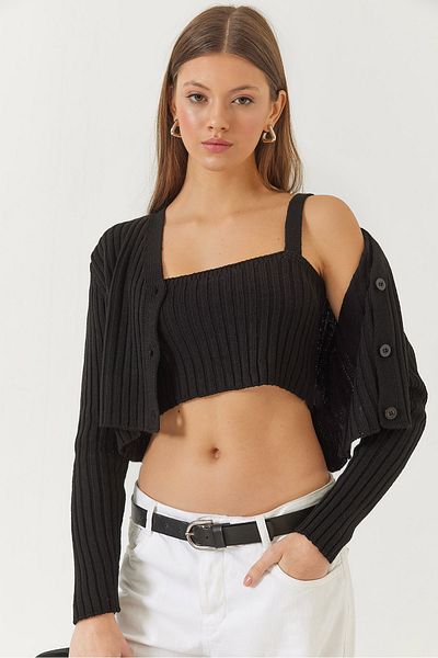 Bianco Lucci Women's Cardigan Crop Tank Top Double Knitwear Set 60261447