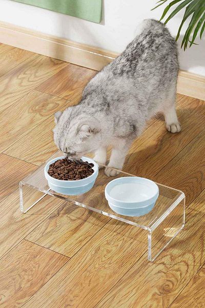 GOBYPET Blue 2-Piece Ceramic Decorative Cat and Dog Plexiglass Food and Water Bowl Mat