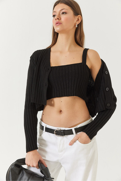 Bianco Lucci Women's Cardigan Crop Tank Top Double Knitwear Set 60261447