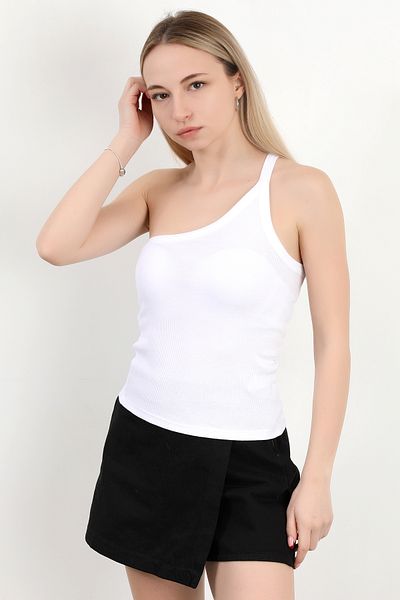 GİYSA Women's One Shoulder Asymmetrical Collar Textured Blouse White - Ms 0000579