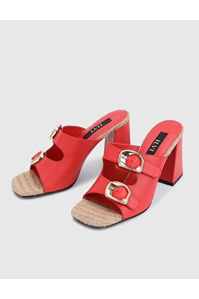 İLVİ Anett Hakiki Deri Kadın Kırmızı Topuklu Terlik