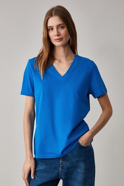 GRIMELANGE Aline Women's 100% Organic Cotton Deep V-Neck Comfort Fit Parliament Blue T-Shirt