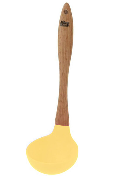 TİVOLİ Wooden Handle Tip Silicone Serving Ladle Heat Resistant Fireproof Non-Stick Soup Ladle 27cm Yellow