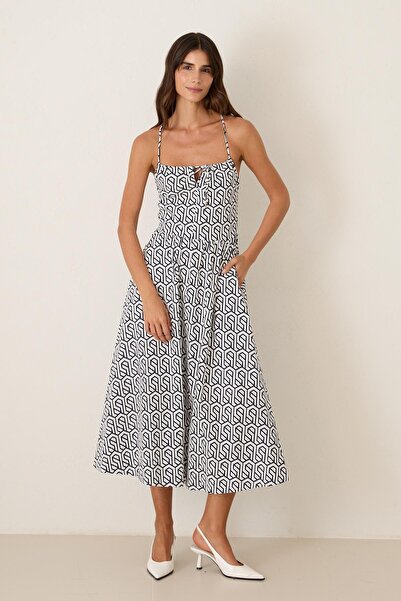 Setre Lacivert - Beyaz Askılı Desenli Kemerli Belden Oturtmalı Midi Boy Elbise