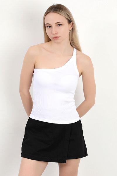 GİYSA Women's One Shoulder Asymmetrical Collar Textured Blouse White - Ms 0000579