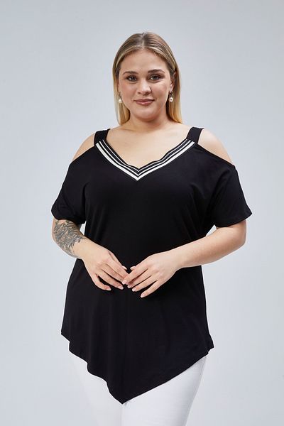 Curvy Trend Plus Size Neckline Stripe Shoulder Low-Cut Triangle Hem Blouse