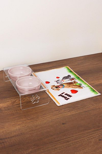 GOBYPET 2-Piece Ceramic Decorative Cat and Dog Plexiglass - Food & Water Bowl Mat - Pink