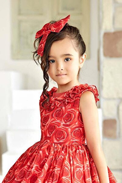 Riccotarz Girl's Ruffled Collar and Hem Rose Printed Sleeveless Red Dress