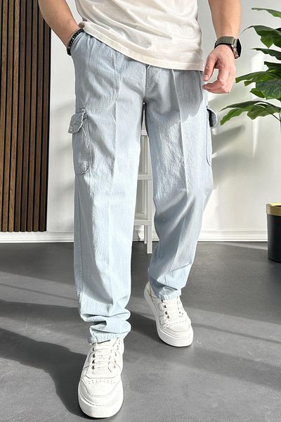 Edwox Men's Baggy Fit Cargo Pocket Pants Light Blue Edw131