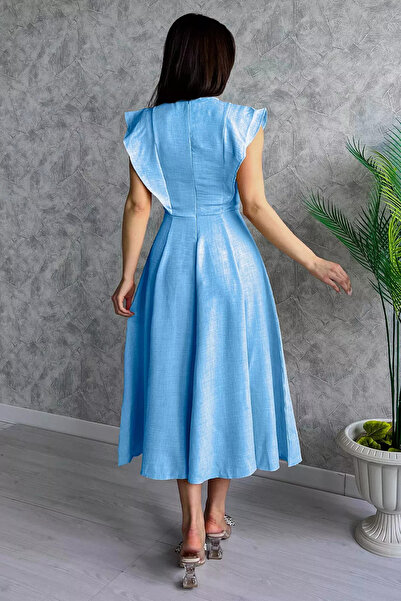 GÜLSELİ Μπλε γυναικείο φόρεμα με λαιμόκοψη χιλιοστών
