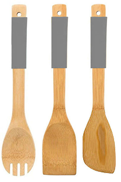 TİVOLİ 2Pcs Bamboo Spatula with 1Pcs Salad Spoon Silicone Handle Heat Resistant Fireproof Non-Stick Gray