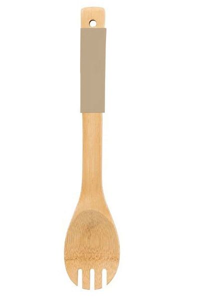 TİVOLİ 2Pcs Bamboo Spatula with 1Pcs Salad Spoon Silicone Handle Heat Resistant Fireproof Non-Stick Beige