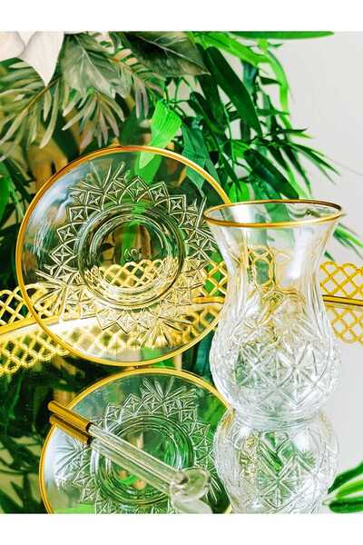 Eslim Pasabahce Gold Pattern Cutout Crystal Tea Cup Set Set 18 Pieces Tea Set Special Series of 6 People