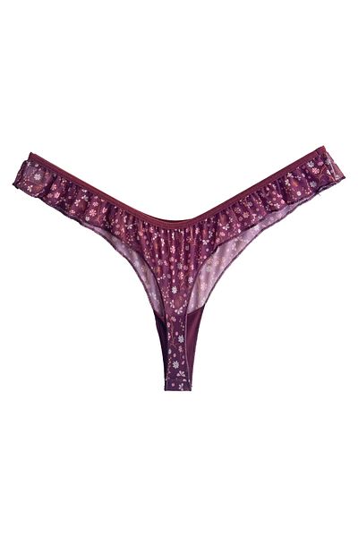 Cottonhill Plum Flower Patterned Tulle Thong Panties with Frilled Edges