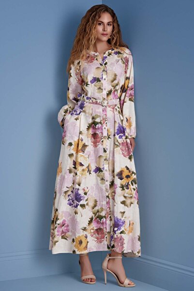 Guitar Hakim Yaka Çok Renkli Desenli Elbise