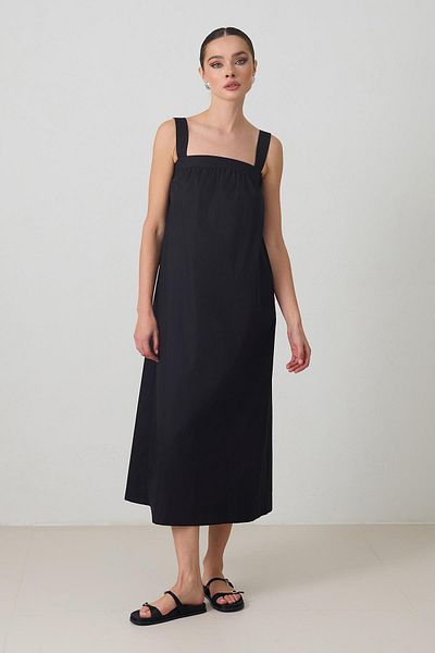Setre Black Square Neck Cotton Stitching Detail Midi Length Dress