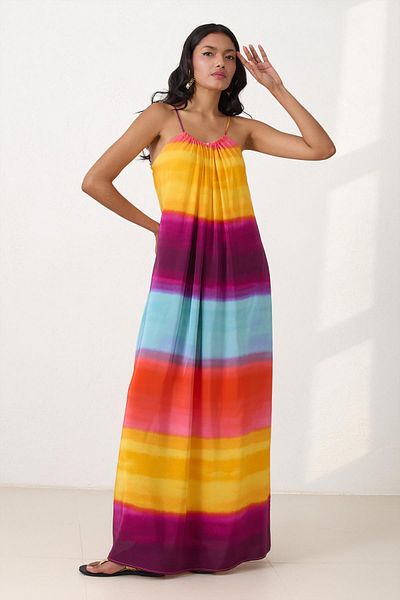 Setre Orange Thin Strap Detail Comfortable Fit Long Length Print Dress