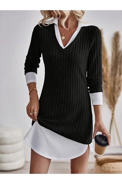 İpeksi Silky Women's Long Sleeve Collared Hooded Camisole Woven Detail Dress