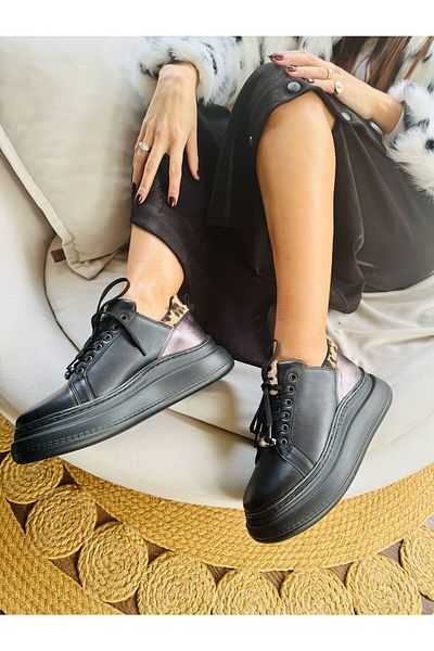 İnan Ayakkabı Women's Black Color High Sole Vegan Leather Casual Sneakers & Sports Shoes (Sole 6 cm)
