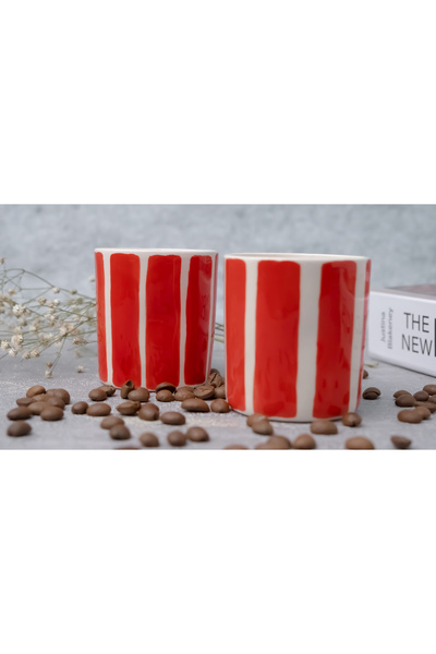 Melouro Red Striped Set of 3 Handmade Ceramic Cups with Handles, Mug