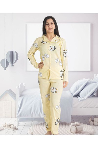 TAMPAP Girl's Combed Cotton Buttoned Patterned Pajama Set