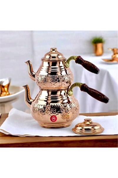 Tabibu Bakır Çaydanlık Takımı İşlemeli Büyük Aile Boyu 4-6kişilik Kalaylı Kul...